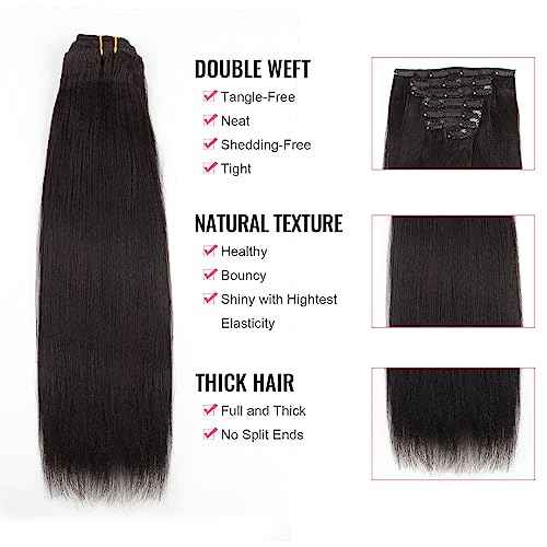 ABH AmazingBeauty Hair Yaki Straight Clip Hair Extensions Human Hair Real Remy Thick Yaki Clip in for African American Relaxed Hair 7 Pieces 120 Gram Per Set, 18 Inch
