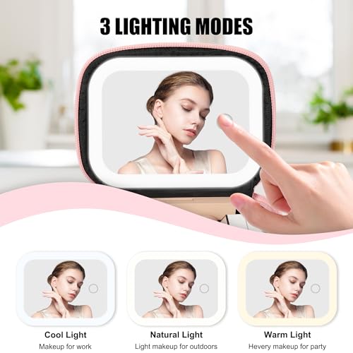 Relavel Mini Makeup Bag with Led Mirror, Small Cosmetic Bag with 3 Light Modes, Rechargeable Portable Makeup Pouch with Hands-Free Wrist Strap for Pool Parties?Work Touch-Ups?Travel - Pink