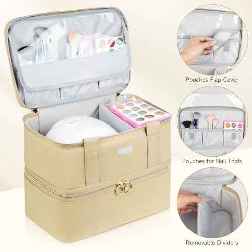 Nail Polish Organizer and Storage,Double-Layer Nail Supplies Carrying Case Bag for 40 Bottles (15ml-0.5 fl.oz) and a Lamp,Portable Nails Polish Holder for Nails Supplies,Khaki