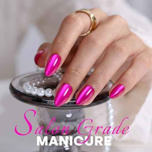 Hot Pink Almond Cat Eye Press on Nails - GJZEZ Soft Gel Short Fuchsia Glass Cateye Fall Stick on Nails Press Ons, Neon Pink Mauve Fake Nail | 16 Sizes - 32 pcs Reusable Prom False Nail, Magenta Rose