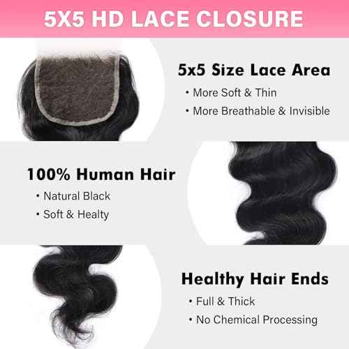 WOWANGEL 5x5 0.095mm Ultra-Thin Skinlike Real HD Lace Frontal & Closure,Body Wave Natural Hairstyles,Pre-Plucked Invisible Hairline,Unprocessed Virgin Human Hair,Invisible Knots HD Lace,20inch