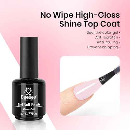 beetles Gel Polish 3 Pcs 15ml No Wipe Gel Top and Base Coat Bubble Bath Gel Polish Soak Off Uv Lamp-Long Lasting Glossy Top Base Gel Milky Pink Gel Nail Polish Jelly Gel Polish Set for Women