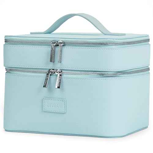 ZEVGANI Travel Makeup Bag Vanity Case with Mirror, Large Toiletry Bag Portable Leather Makeup Bag Organizer with Dual Compartments Removable Dividers for Skincare & Brushes, Blue