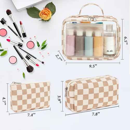 Bluboon 3Pcs Makeup Toiletry Bag for Women, Clear Packing Cubes Cosmetic Bag for Travel Women With Zipper Travel Essentials (Corduroy Checkered)