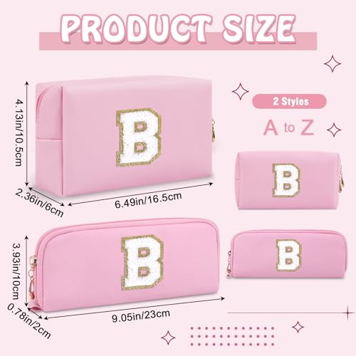 2 Pieces Personalized Initial Cosmetic Bag with Small Makeup Brush Bag, Pink Cute Preppy Cosmetic Travel Toiletry Zipper Pouch, Waterproof Make Up Bags Birthday Bridal Shower Gifts for Women(Letter B)