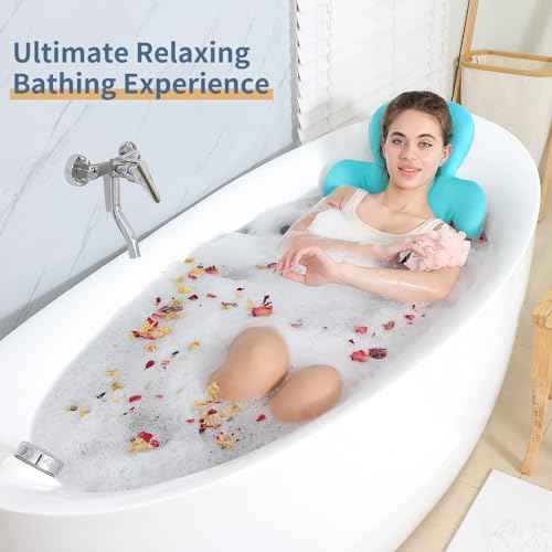 Luxury Bath Cushion, Full Body Bathtub Pillow with 160 Suction Cups, Bath Mat for Head and Neck Support, with Laundry Bag (Blue, 60.2" x 16.2")