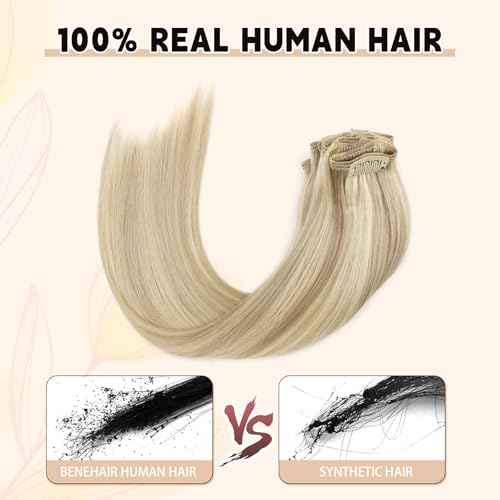 Sassina Clip in Hair Extensions Remy Human Hair 14 Inch Straight Human Hair Clip ins Extensions Golden Blonde to Medium Blonde Invisible Clip ins Full Head 8 Pcs with 18 Clips 90 Grams #P16/22