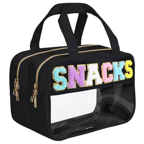Chenille Letter Snack Bags Clear Makeup Bag, Preppy Clear Large Cosmetic Bag with Zipper, Waterproof Stuff Bag Travel Toiletry Bag Cosmetic Pouch for Women Girls (Black-SNACKS)