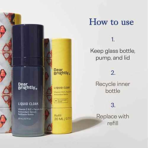 Vitamin C Serum with Ferulic Acid and Vitamin E for Glowing Radiant Skin by Dear Brightly, Liquid Cloak Facial Serum for Sensitive Skin, Refillable Glass Bottle, 0.7 fl oz