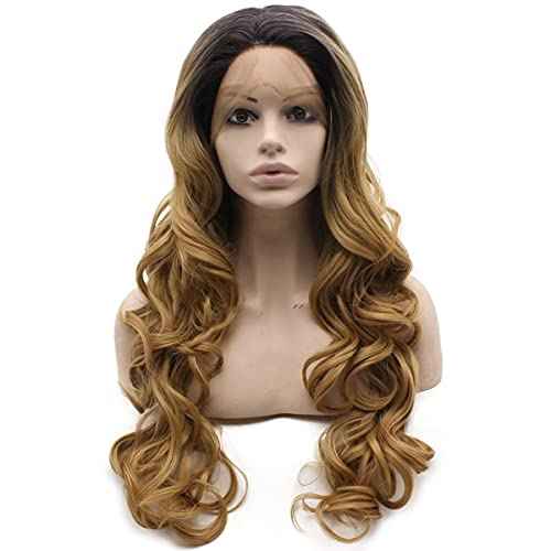 MX angel Long Black Roots Blonde Ombre Hand Tied Ombre Synthetic Wig Lace Front Heat Resistant Fiber Hair