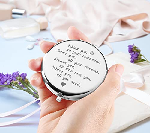 Kukeyiee Behind You All Your Memories Sliver Engraved Travel Makeup Mirror, Travel Cosmetic Compact Pocke Makeup Mirror Gift for Women Sister Friends…