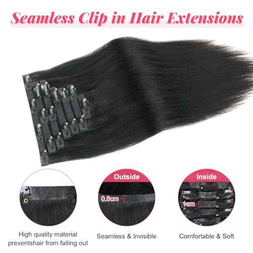 Sasisna Real Human Hair Extensions Clip ins Yaki Straight 22 Inch Nature Black Seamless PU Clip in Hair Extensions Double Wefted Yaki Straight Hair Extensions 120g/7pcs with 17 Clips