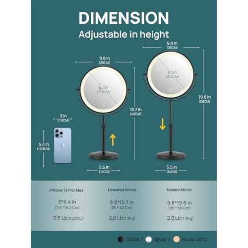 OMIRO 3X/10X Magnifying Makeup Mirror with Lights, 8.5 Inches Double Sided Swivel-Free Vanity Mirror with Height-Adjustable Stand. (Black)