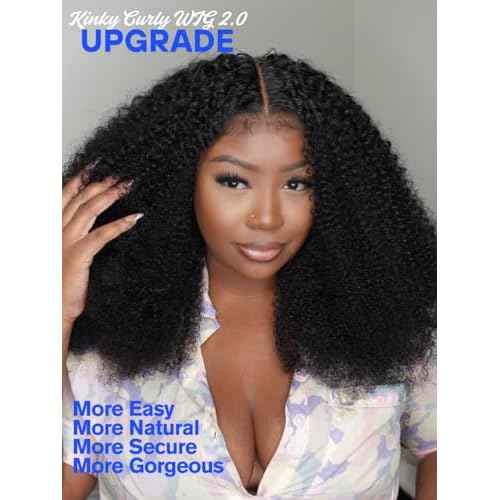 Nadula Bye Bye Knots Glueless Kinky Curly Drawstring Wig Human Hair with 4C Curly Edges, Pre Cut 7X5 HD Lace Front Ready to Go Afro Kinky Wigs Pre Plucked Bleached Knots with Curly Baby Hair 14inch