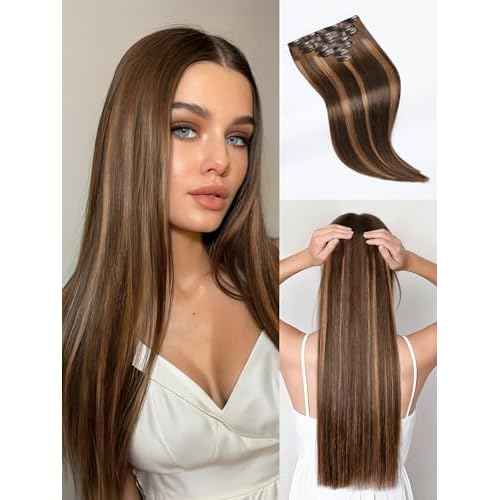 LUVME Straight Seamless 14inch 110g 7Pcs Clip in Hair Extensions Full Max Remy Human Hair Extensions, Highlight Color 100% Real Soft