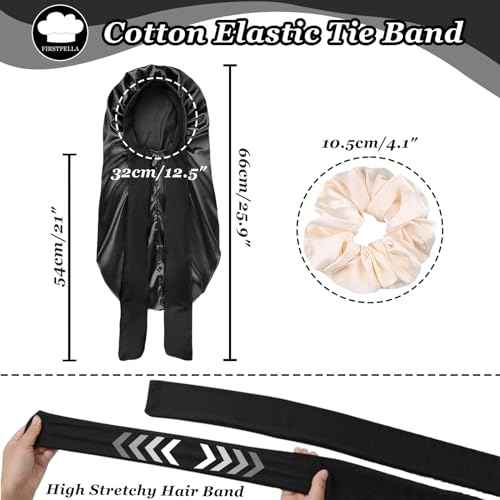 Silk Satin Hair Bonnet for Sleeping - Bonnets for Braids Black Women Curly Hair,Silk Hair Wrap Tie Band Long Big Silky Sleeping Cap with 2 Pcs Satin Scrunchies