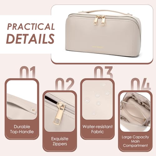 GOLF QUALITY Makeup Bag,White PU Large Travel Cosmetic Bag Pouch with Zipper,Water-resistent Cute Toiletry Bag with compartments Open Flat Make Up Organizer Case for Toiletries, Brushes