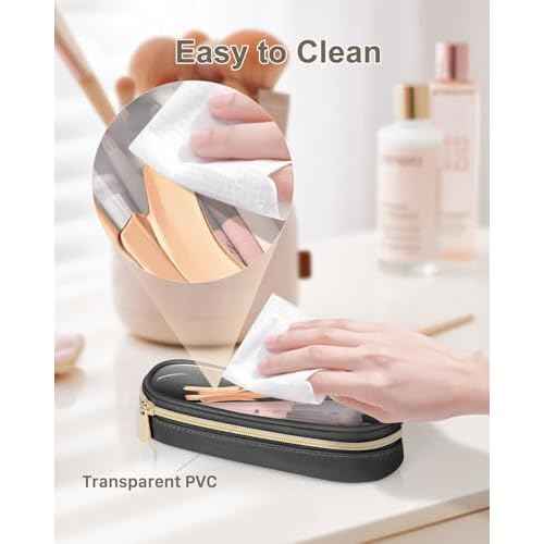 Clear Travel Makeup Brush Holder, Leather Makeup Brush Toiletry Bag, Portable Cosmetic Brush Case, Transparent Waterproof Makeup Brush Storage Bag, Black, Large