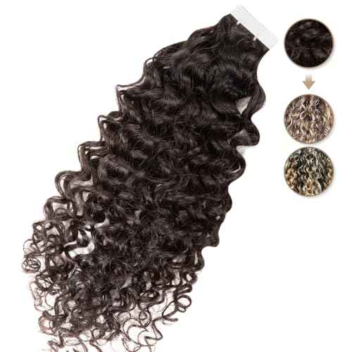 Clytie Raw Curly Tape in Hair Extensions Real Human Hair, One Donor Tight Curly Human Tape ins Hair Extensions 20 PCS 20IN Salon Bleachable Deep Curly 50g Invisible Taping for Thin Hair Light Weight
