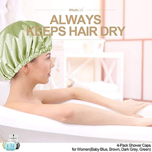 Shower Cap for Women Reusable Extra Large Shower Caps for Men Satin Double Layer EVA Waterproof Long Hair Caps(Baby Blue, Brown, Dark Grey, Green 4 Pack)