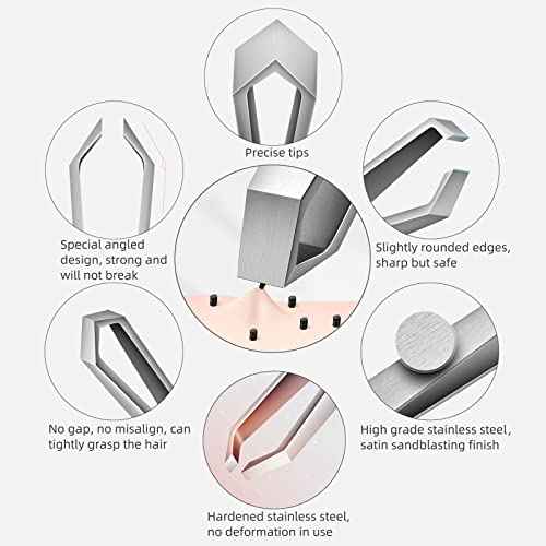 Beard & Hair Plucking Tweezers, Fine Eyebrow Tool, Stainless Steel, 10mm Tip, Anti-Slip Slot Design, Cyan PU Case