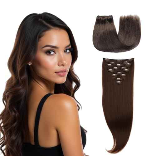 YSYS Clip in Hair Extensions - 100% Human Hair Remy Hair Extensions for Women - 7 Pieces, 120g Seamless Clip ins for Extra Volume/Style - Natural Straight (Darkest Brown #2, 20 inches)