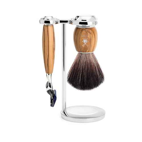 M?HLE VIVO Olive Wood 3-Piece Black Fibre 5-Blade Razor Shaving Set