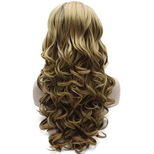 MX angel Long Black Roots Blonde Ombre Hand Tied Ombre Synthetic Wig Lace Front Heat Resistant Fiber Hair