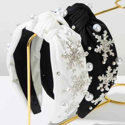 Christmas Snowflake Headbands for Women Crystal Pearl Tree Snowflake Knotted Headband Embellished Wide Twist Xmas Hairband Holiday Christmas Headpiece Outfits Accessories