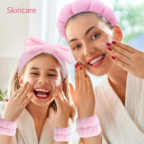Chanaco Hairband, 2 Pcs Spa Headbands and 2 Pcs Wrist Bands for Women, Pink Microfiber Face Wash Headband with Bow Tie, Skincare Headband, Wide Occasion, Teen Girl Gifts, Trendy Stuff