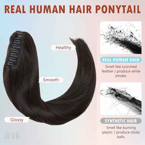 Hairro Claw Clip Ponytail Extension Human Hair Clip In Ponytail Jaw/Claw Jaw On Pony Tail Hairpieces For Women 18 Inch 115g #1B Natural Black