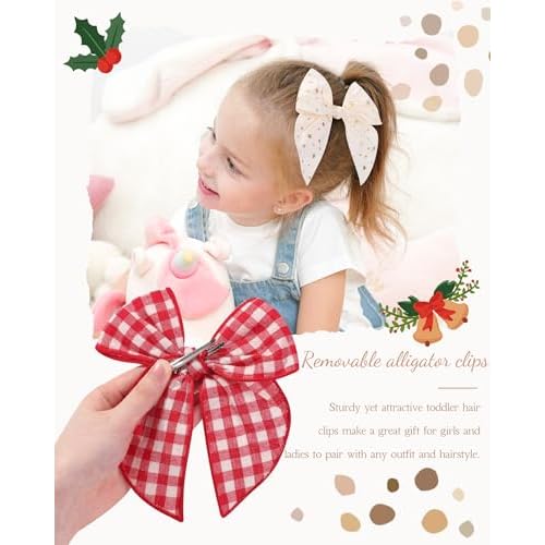 doboi 8PCS 5.5" Christmas Baby Girls Hair Clips Fable Hair Bows Cotton Linen Bows for Girls Gingham Hair Accessories for Baby Toddlers Kids