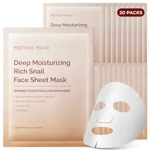 MOTHER MADE Glowing Glass Skin Hydrating Snail Deep Collagen Face Masks Set of 20 EA, with Niacinamide 2%, Vitamin E, Facial Mask for Dry, Sensitive Skin, Self Care, Korean Skincare