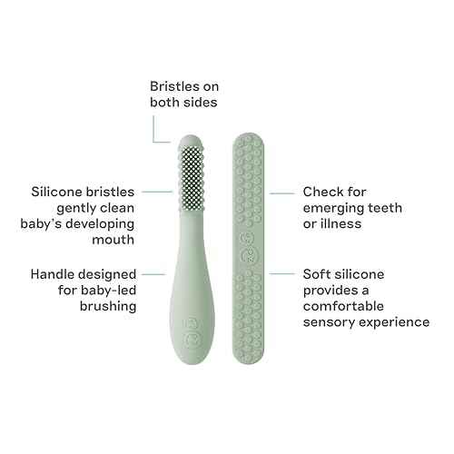 ezpz Baby-Led Toothbrush + Tongue Depressor Dual Pack (Sage) - 100% Silicone Toothbrush + Silicone/Stainless Steel Tongue Depressor - Helps Set-up Infants for a Healthy Oral Care Routine