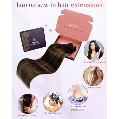 LaaVoo Sew in Hair Extensions Human Hair Balayage Brown Weft Hair Extensions Sew in Doble Weft Extensions Dark Brown Ombre Light Brown 22 Inch 100g