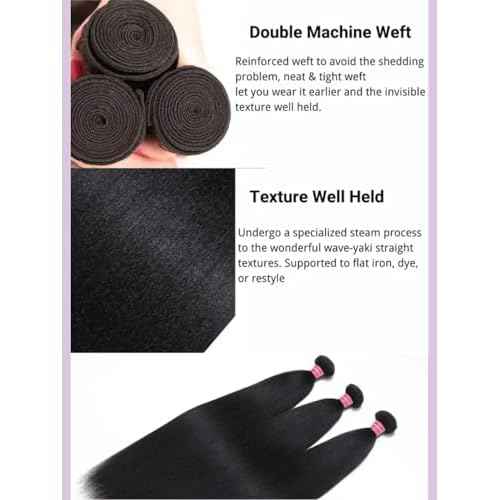YIROO Yaki Straight Human Hair Weave 3 Bundles 12A Kinky Straight Double Wefts for Women Unprocessed Real Virgin Hair Sew In Human Hair Extensions Cllip In Light Yaki Natural Black Color 10 12 14Inch