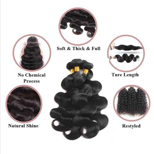 12A Human Hair Bundles Body Wave 100% Unprocessed Brazilian Virgin Hair 3 Bundles Human Hair Extensions Quick Weave Human Hair (20 22 24 Inch)