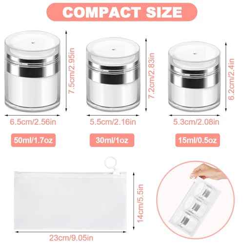 Airless Pump Jars, Refillable Cosmetic Moisturizer Airless Pump Jar 3 Pack Bottles Travel Size for Cream, Gels and Lotion with Silicone Spatula 0.5oz 1oz 1.7oz