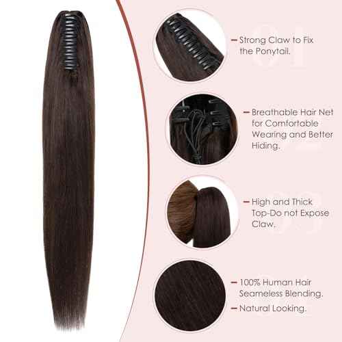 Human Hair Claw Clip Ponytail, Claw Clip Human Hair Ponytail,Effortless Application with Secure Hold,Style in Seconds,Quick Styling Solutions for Busy Lives,20"/117g Dark Brown