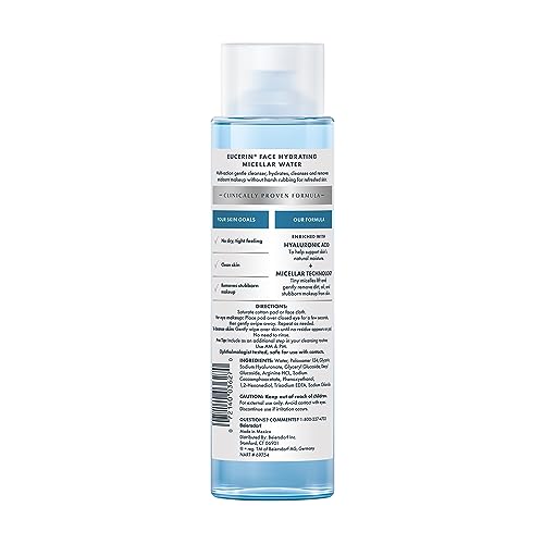 Eucerin Face Gentle Cleansing Hydrating Micellar Water with Hyaluronic Acid, Face Cleanser and Makeup Remover, Fragrance Free and Non-Drying for All Skin Types, 13.5 Fl Oz Bottle