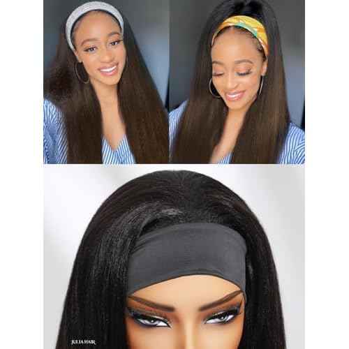 Julia Hair 12A Headband Wig Human Hair Yaki Straight Glueless None Lace Half Wig With Pre-attached Scarf Ombre Chestnut Brown Highlight With Dark Roots for Black Women Put on and Go 22 Inch