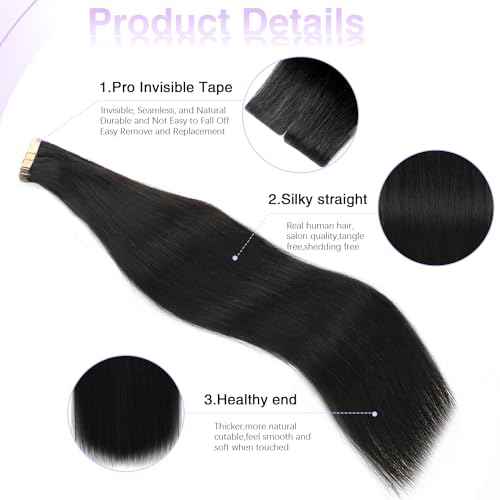 Invisible Tape In Hair Extensions Human Hair Natural Black 16 inch 20pcs 50g/Pack Seamless Invisible Straight Tape ins Human Hair Extensions for Women