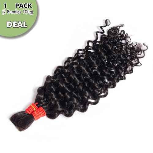 YOMIO Human Braiding Hair 24 Inch 100g (1Pack-2Bundles) Water Wave Human Hair Bulk for Braiding No Weft Bundle Virgin Curly Human Hair Bulk for Boho Braids Wet and Wavy Natural Black Color