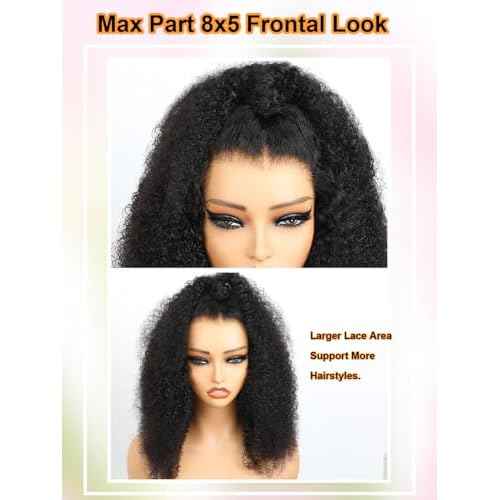 Domiso 18 Inch Knots Bleached Max Part 8x5 M-Cap Afro Kinky Curly Glueless Wigs Human Hair Pre Plucked Pre Cut Wear and Go Glueless Wig Kinky Curly Lace Front Wigs Human Hair 195% Density