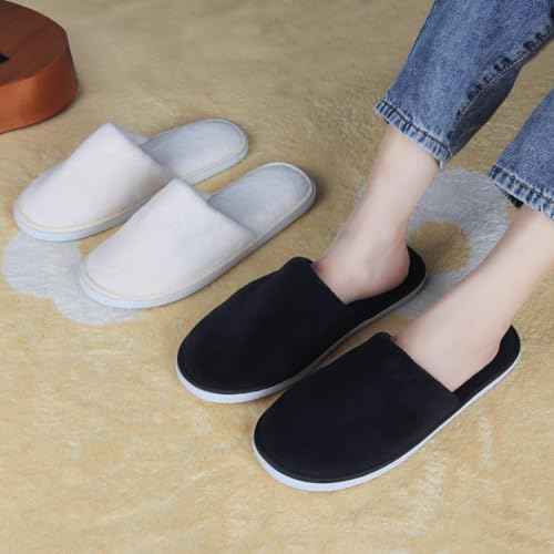Yeios 12 Pairs Disposable Slippers for Guests Hotel Spa Slippers,0.78inch Sole 180GSM Coral Fleece Non-slip Washable House Slipper Bulk for Adult for Men and Women Beige and Black