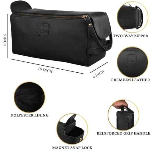 Genuine Leather Travel Toiletry Bag for Men & Women ? Unisex Water-Resistant Travel Dopp Kit, Shaving Organizer & Compact Bathroom Essentials - Midnight Black