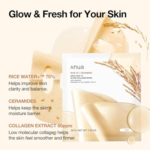ANUA Rice 70 Glow Collagen Mask, Overnight Face Mask for Glass Skin, Ceramide, Collagen Facial Mask, Skin Moisture Barrier, Tightening Care, Natural Color, Korean Skin Care (38g, 4ea)