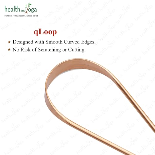 HealthAndYoga™ qLoop Copper Tongue Cleaner – Easy One Hand Use – Larger Surface Coverage – Ayurvedic Copper Health for Fresh Breath and Total Oral Hygiene (Single)