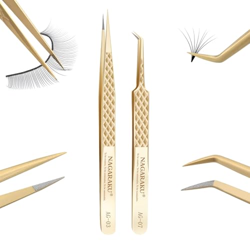 NAGARAKU 1 Pair Precision Fiber Tip Tweezer for Eyelash Extensions Professional Eyelash Tweezers Antistatic Straight & Curved Tip Tweezers with Box(Isolation & Volume Lash Tweezers AG-03 & AG-07)