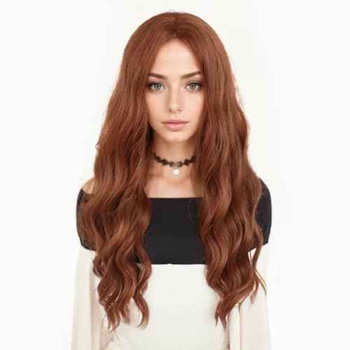 GNIMEGIL 25¡° Long Red Brown Scarlet Witch Cosplay Wigs for Women Heat Resistant Fiber Middle Part Wig Curly Wavy Wigs Natural Synthetic Fiber Wig Drag Queen Party